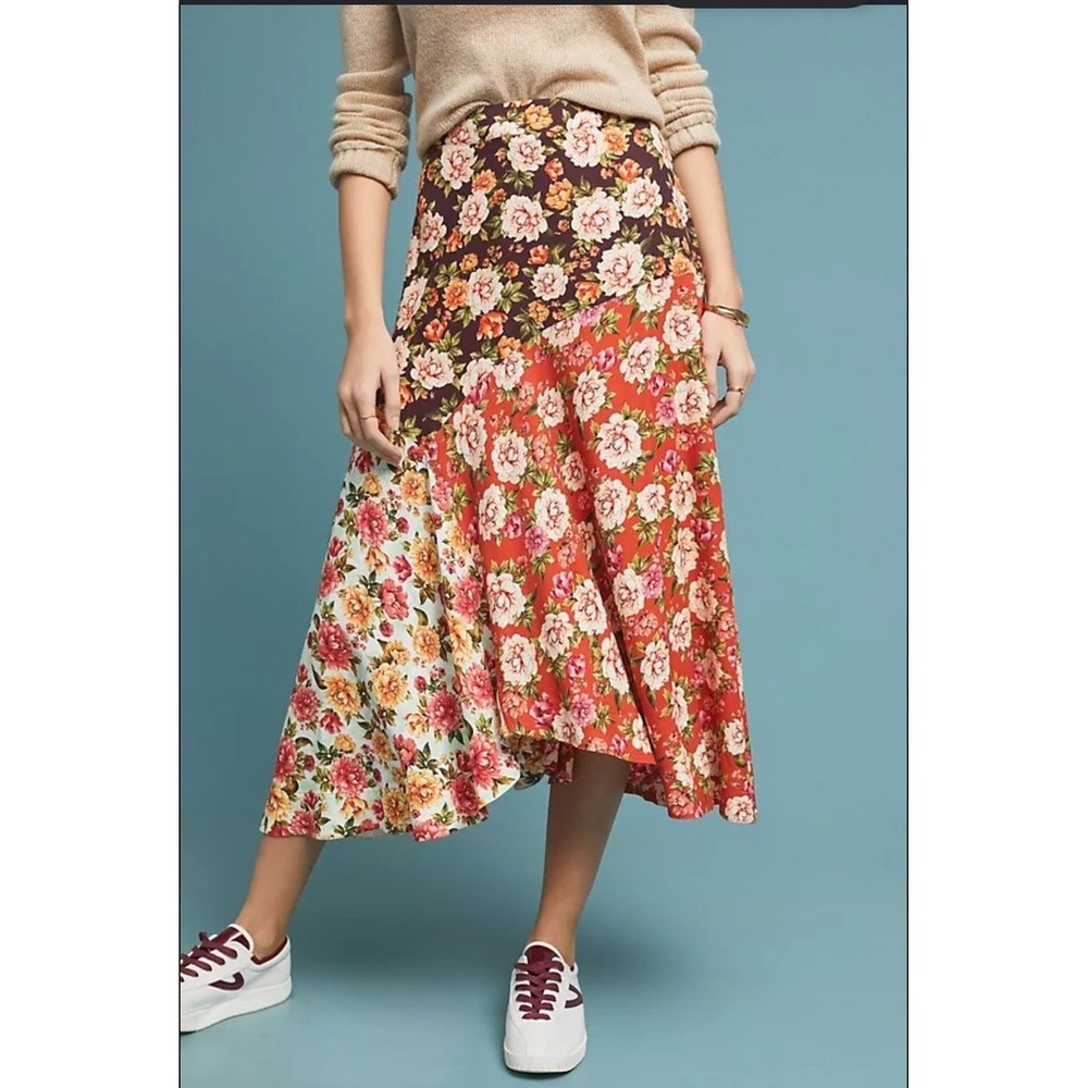 Anthropologie x Farm Rio Floral Patchwork Midi Skirt Size XS Petite Asymmetrical